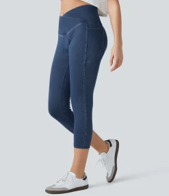 Pocket Leggings|Crossover Leggings<HALARA Flex™ Crossover Pocket Washed Denim Capri Casual Leggings