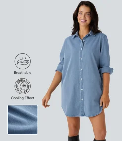 Denim Dresses|Denim Dresses<HALARA Flex™ Curved Hem Relax Mini Cool Touch Denim Casual Shirt Dress with Pockets