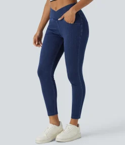 Pocket Leggings|Crossover Leggings<HALARA Flex™ High Waisted Crossover Pockets Denim Work Leggings