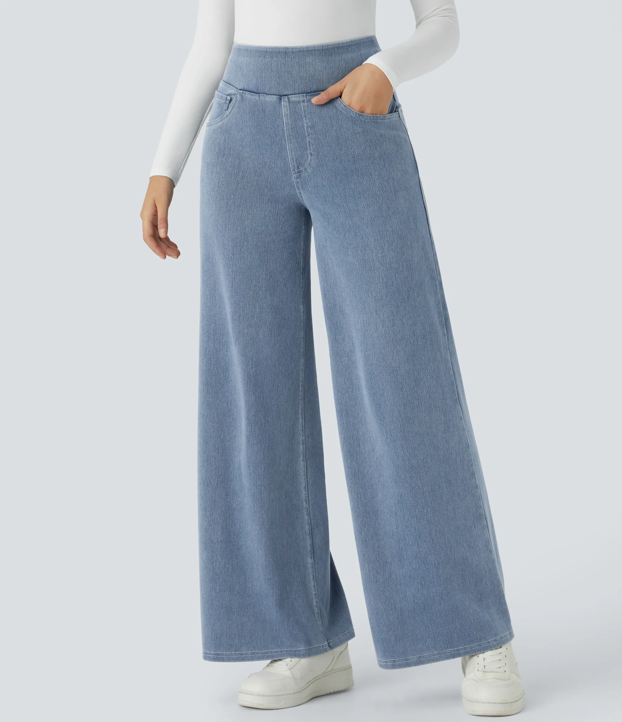 High Waisted Jeans|Wide Leg Jeans<HALARA Flex™ High Waisted Multiple Pockets Wide Leg Loose Stretchy Knit Work Jeans