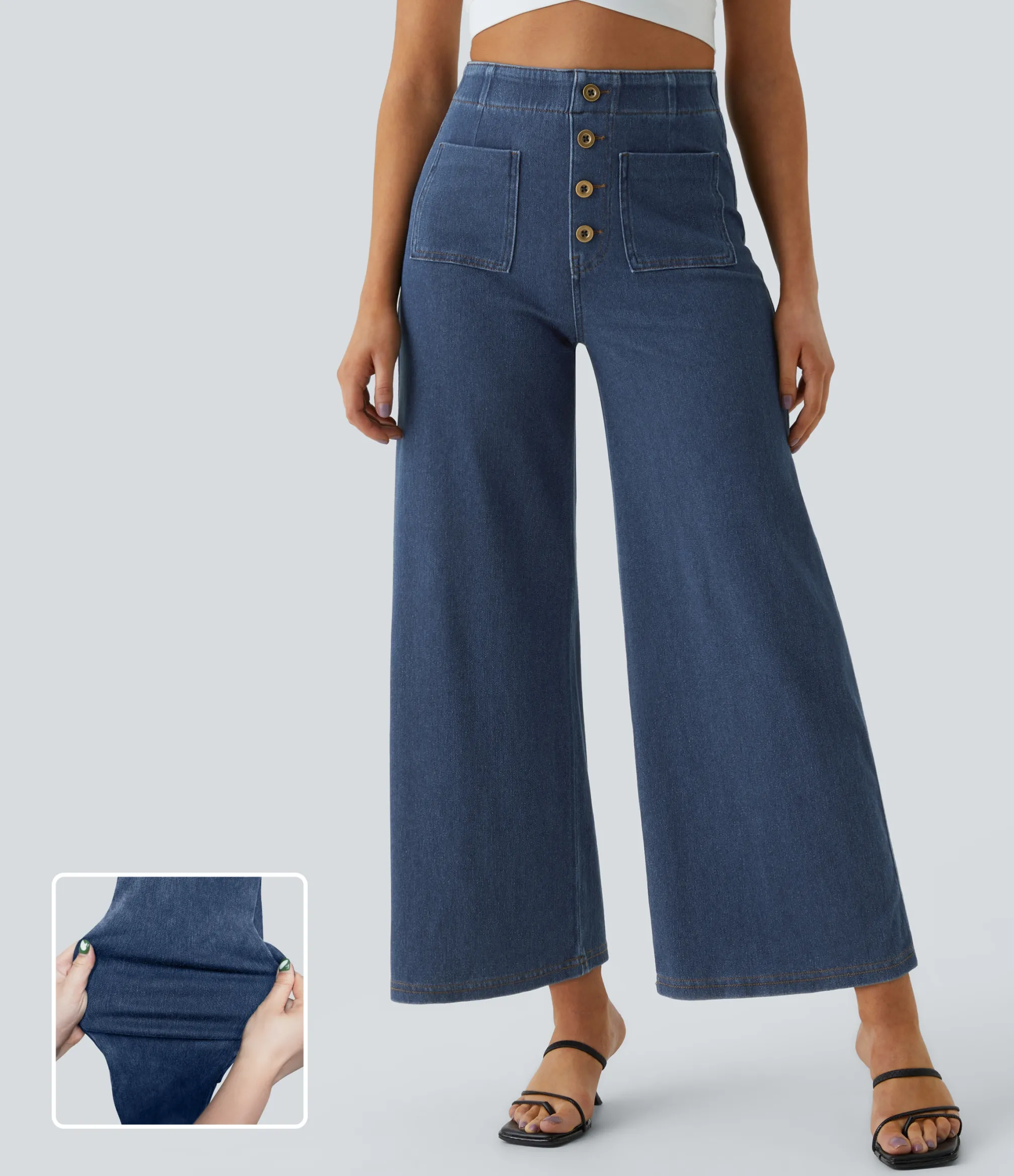 High Waisted Jeans|Wide Leg Jeans<HALARA Flex™ High Waisted Pockets Washed Casual Wide Leg Jeans