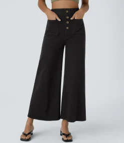High Waisted Jeans|Wide Leg Jeans<HALARA Flex™ High Waisted Pockets Washed Casual Wide Leg Jeans