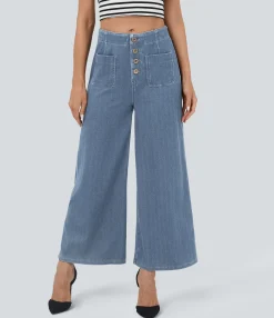 High Waisted Jeans|Wide Leg Jeans<HALARA Flex™ High Waisted Pockets Washed Casual Wide Leg Jeans