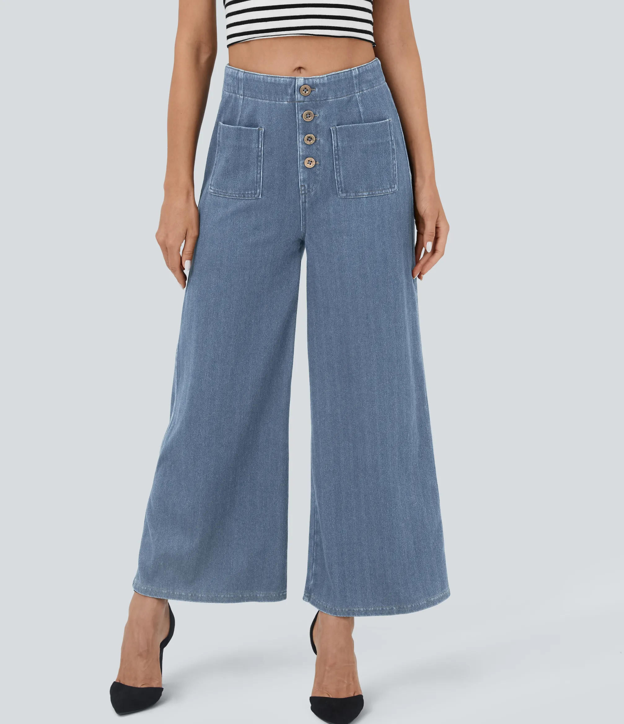 High Waisted Jeans|Wide Leg Jeans<HALARA Flex™ High Waisted Pockets Washed Casual Wide Leg Jeans