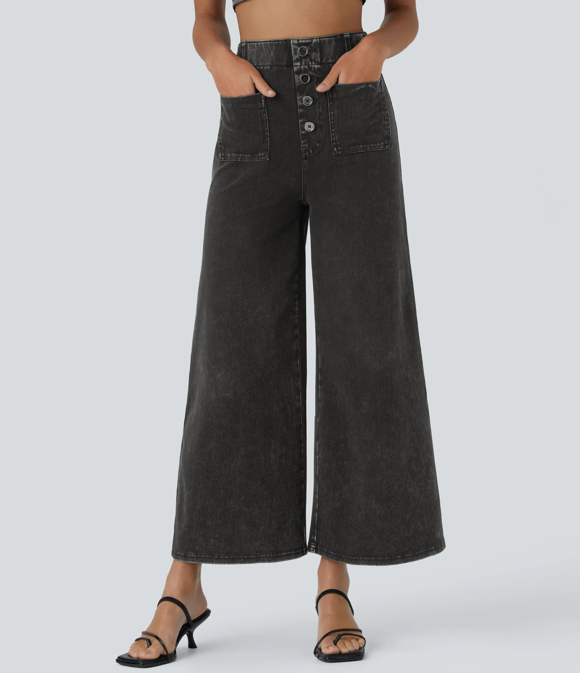 High Waisted Jeans|Wide Leg Jeans<HALARA Flex™ High Waisted Pockets Washed Casual Wide Leg Jeans
