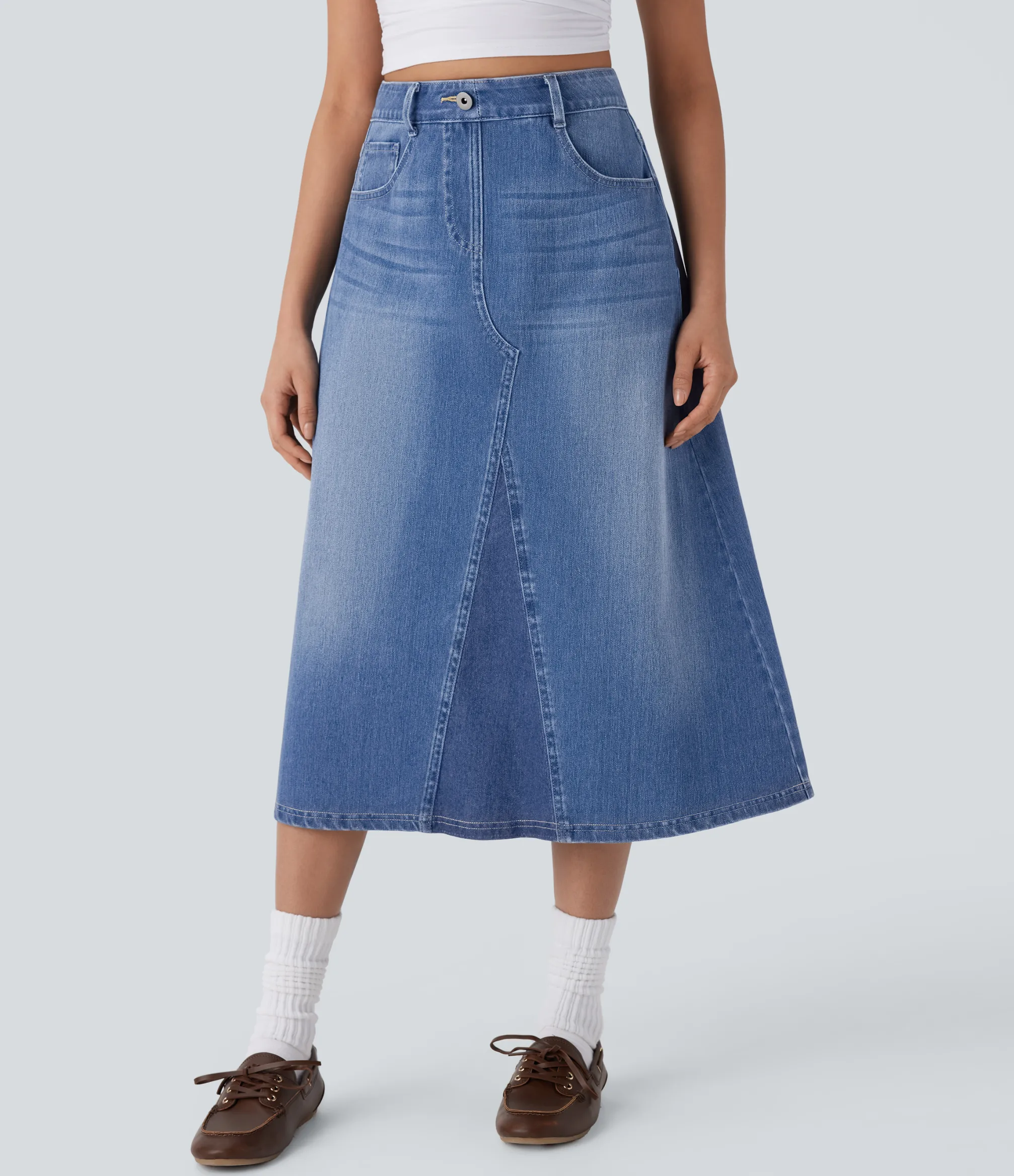 Denim Skirts|Maxi & Midi Skirts<HALARA Flex™ High Waisted Pockets Midi Washed Denim Casual A-Line Skirt