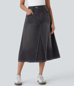 Denim Skirts|Maxi & Midi Skirts<HALARA Flex™ High Waisted Pockets Midi Washed Denim Casual A-Line Skirt
