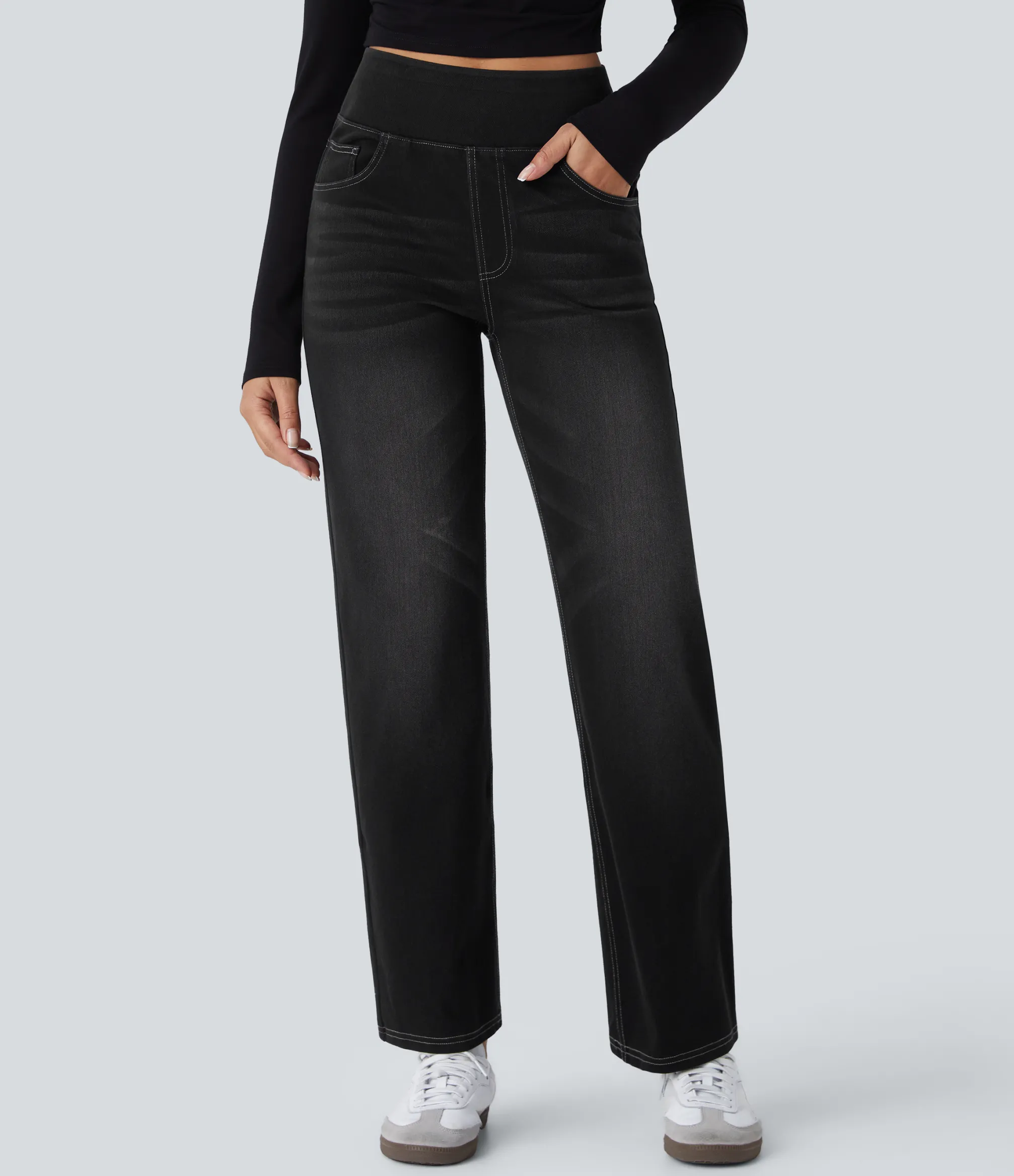 High Waisted Jeans|Straight-Leg Jeans<HALARA Flex™ High Waisted Pockets Straight Leg Washed Casual Jeans