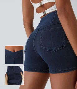 Denim Shorts|Crossover Shorts<HALARA Flex™ High Waisted Crossover Pocket Denim Casual Shorts 3"
