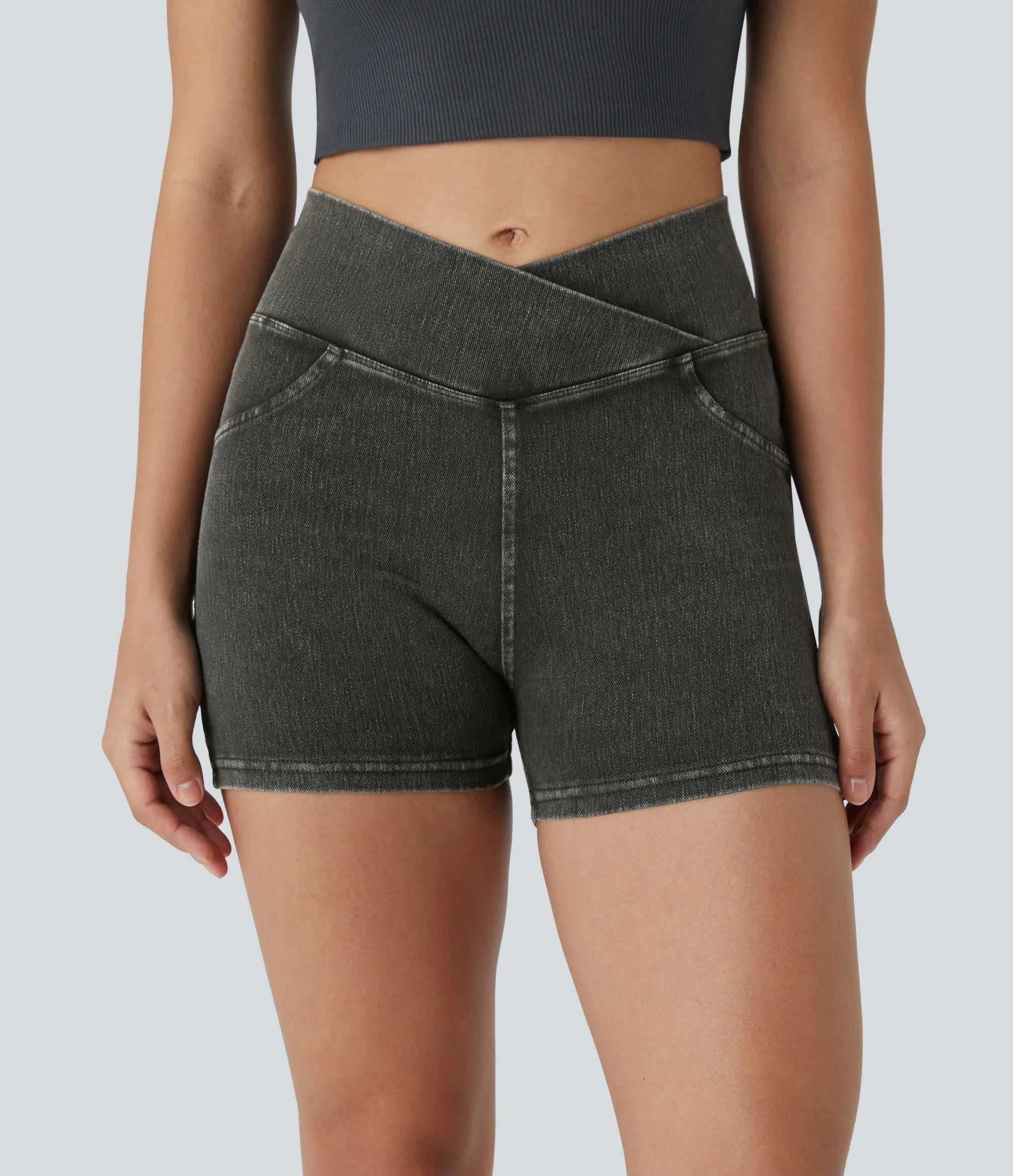 Denim Shorts|Crossover Shorts<HALARA Flex™ High Waisted Crossover Pocket Denim Casual Shorts 3"