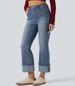 High Waisted Jeans|Flare & Bootcut Jeans<HALARA Flex™ High Waisted Rolled Hem 7/8 Casual Flare Jeans with Pockets