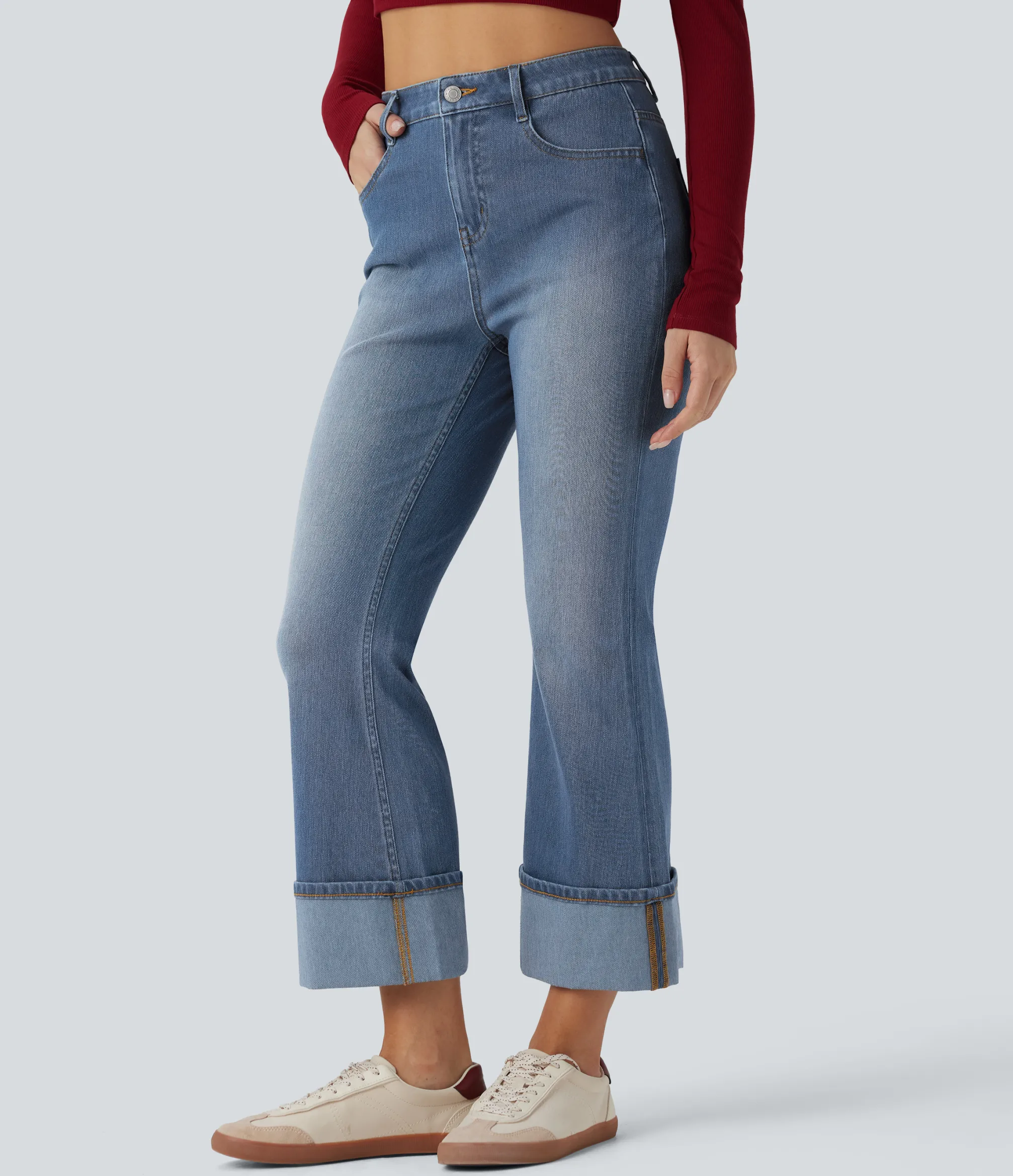 High Waisted Jeans|Flare & Bootcut Jeans<HALARA Flex™ High Waisted Rolled Hem 7/8 Casual Flare Jeans with Pockets