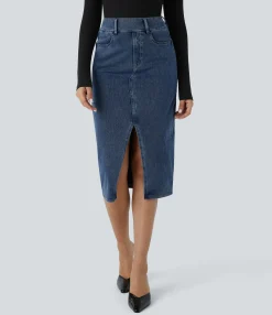 Denim Skirts|Maxi & Midi Skirts<HALARA Flex™ High Waisted Pockets Bodycon Denim Casual Midi Skirt