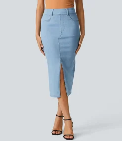 Denim Skirts|Maxi & Midi Skirts<HALARA Flex™ High Waisted Pockets Bodycon Denim Casual Midi Skirt