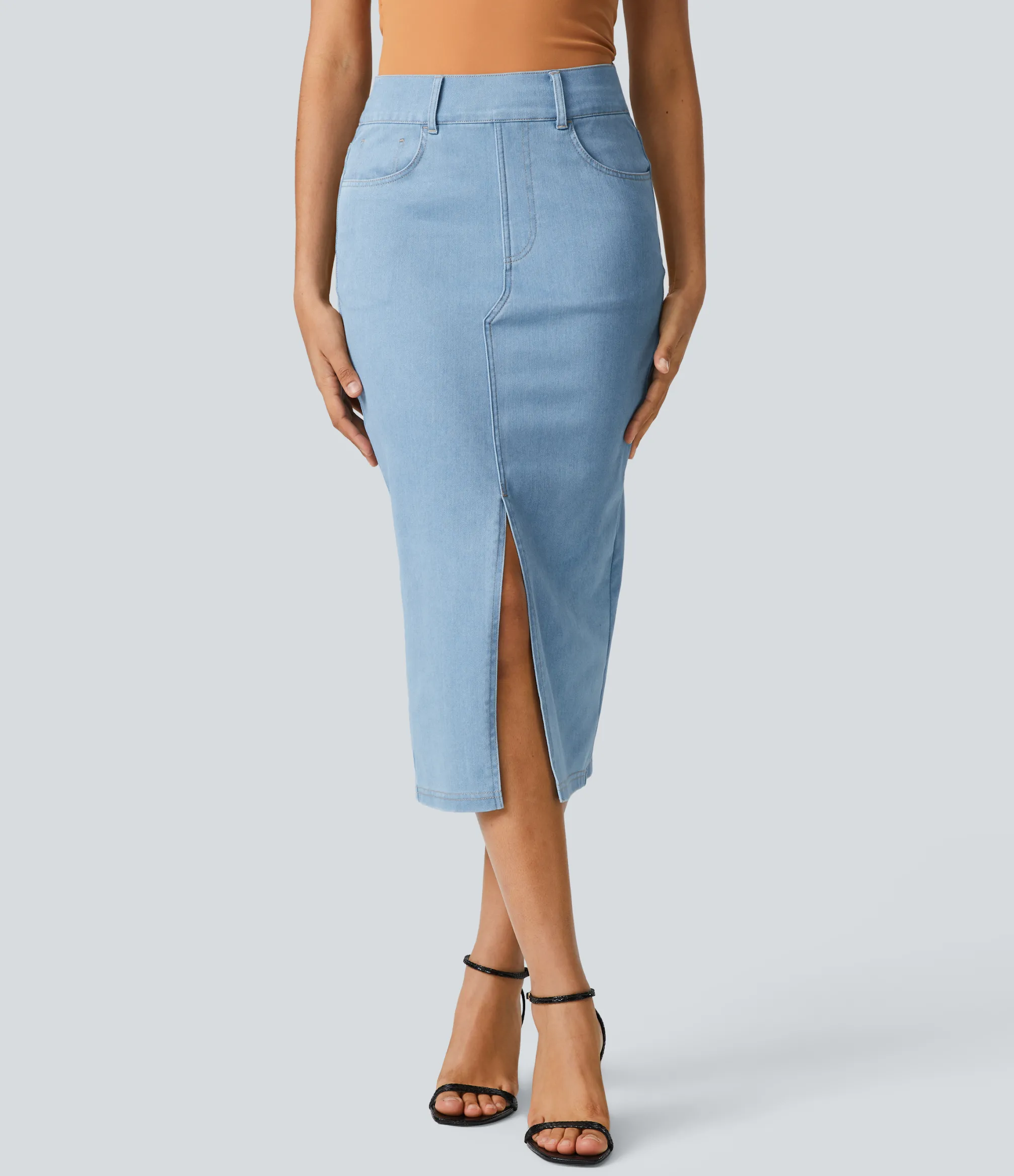 Denim Skirts|Maxi & Midi Skirts<HALARA Flex™ High Waisted Pockets Bodycon Denim Casual Midi Skirt