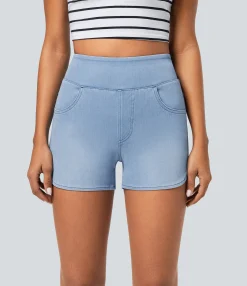 Denim Shorts|Denim Shorts<HALARA Flex™ High Waisted Pockets Curved Hem Skinny Washed Denim Casual Shorts 3''