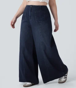Plus-Size Denim|Plus Size<HALARA Flex™ High Waisted Pockets Washed Casual Wide Leg Plus Size Jeans