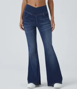 High Waisted Jeans|Skinny Jeans<HALARA Flex™ High Waisted Crossover Pocket Washed Casual Flare Jeans