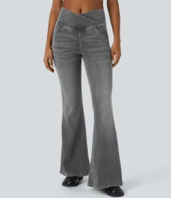 High Waisted Jeans|Skinny Jeans<HALARA Flex™ High Waisted Crossover Pocket Washed Casual Flare Jeans