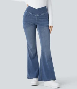High Waisted Jeans|Skinny Jeans<HALARA Flex™ High Waisted Crossover Pocket Washed Casual Flare Jeans
