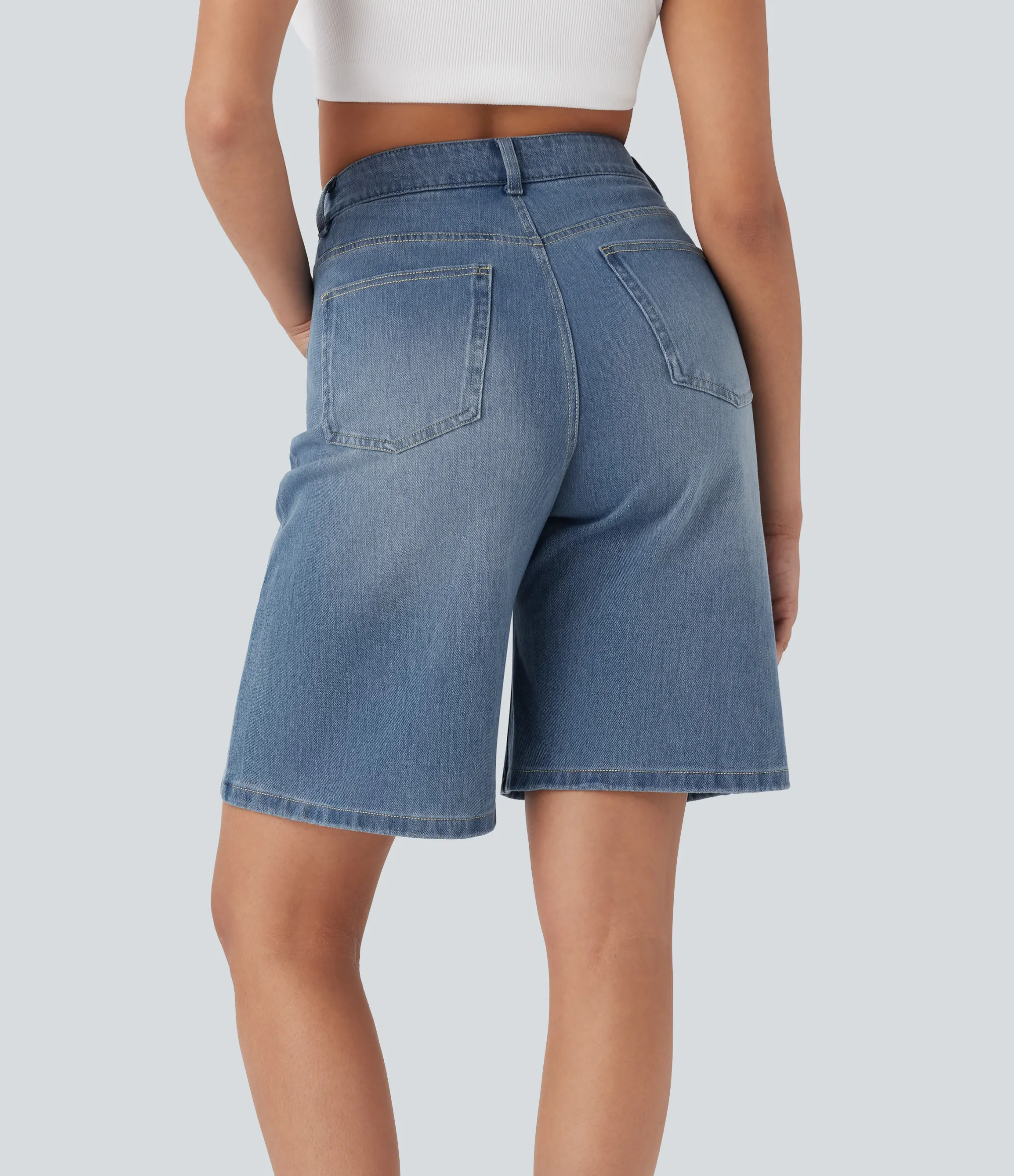 Denim Shorts|Denim Shorts<HALARA Flex™ High Waisted Pockets Washed Denim Casual Bermuda Shorts