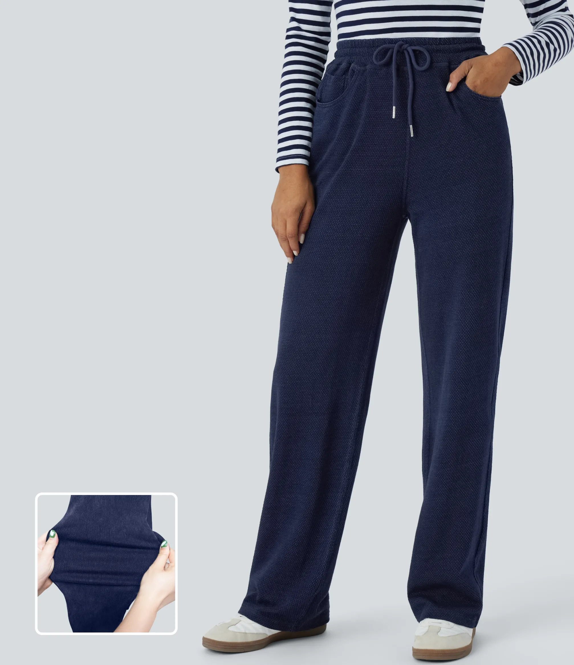 Straight-Leg Jeans|High Waisted Jeans<HALARA Flex™ High Waisted Drawstring Pocket Straight Leg Casual Jeans Blue Waffle Denim