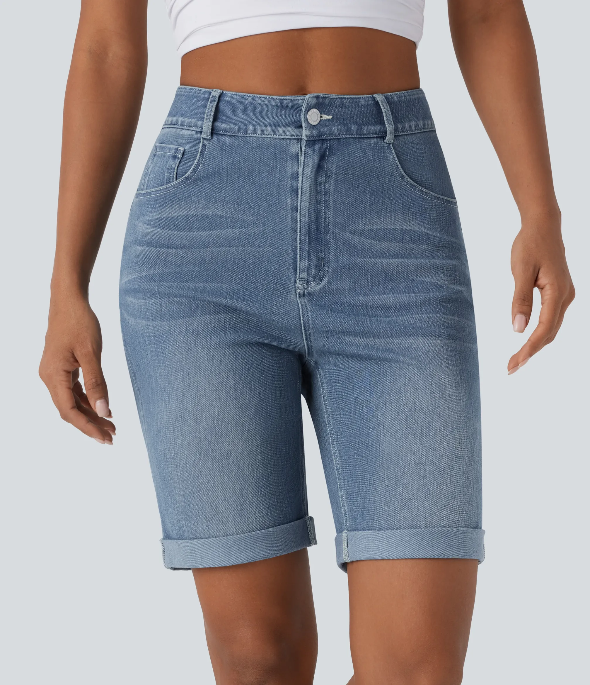 Denim Shorts|Denim Shorts<HALARA Flex™ High Waisted Pockets Rolled Hem Washed Denim Casual Bermuda Shorts