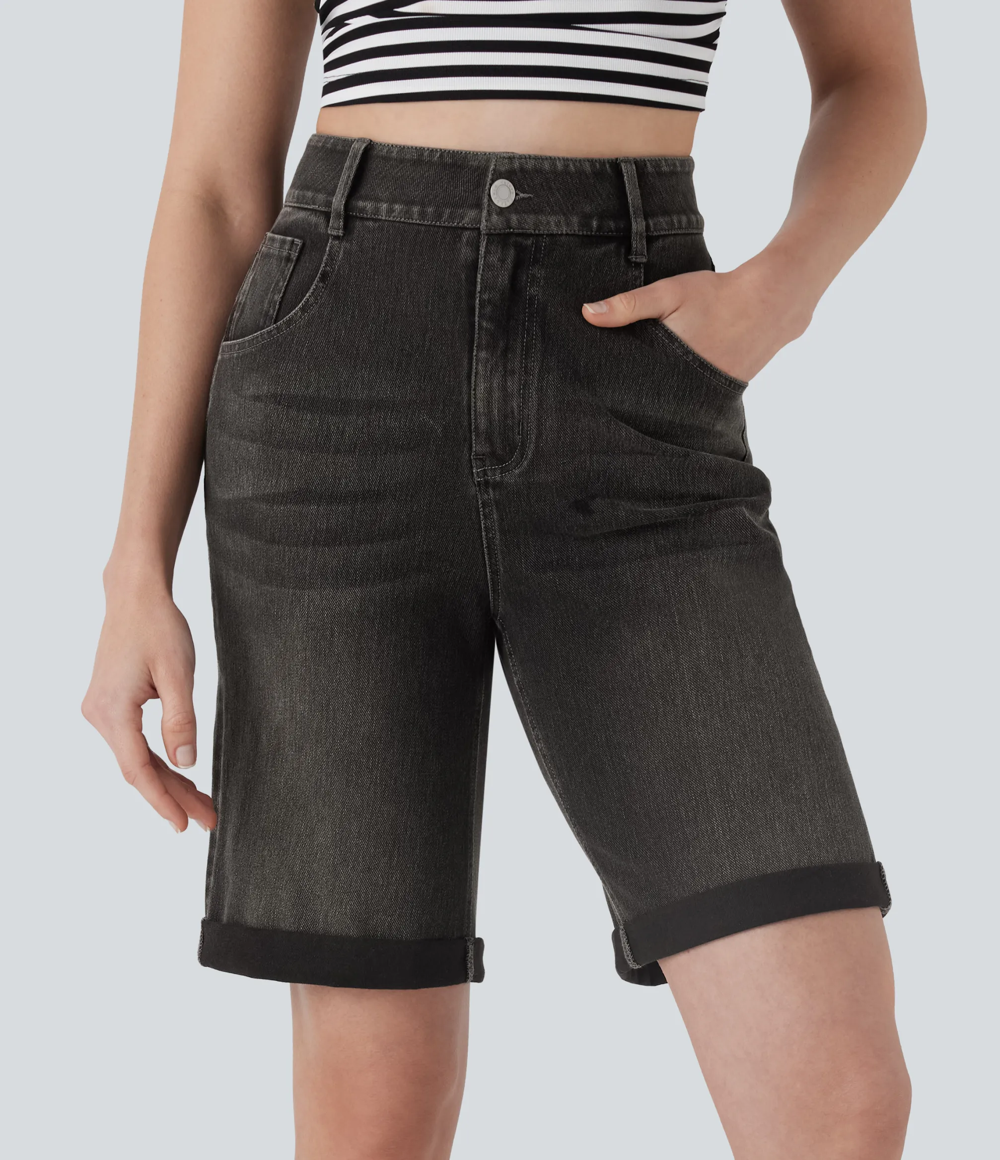 Denim Shorts|Denim Shorts<HALARA Flex™ High Waisted Pockets Rolled Hem Washed Denim Casual Bermuda Shorts