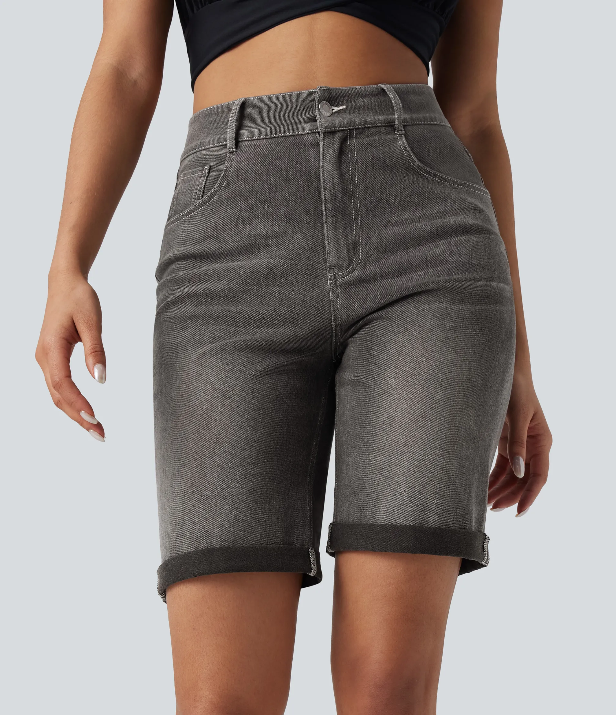 Denim Shorts|Denim Shorts<HALARA Flex™ High Waisted Pockets Rolled Hem Washed Denim Casual Bermuda Shorts