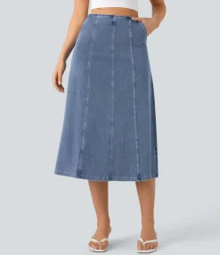 Denim Skirts|Maxi & Midi Skirts<HALARA Flex™ High Waisted Pocket A-line Midi Washed Denim Casual Skirt