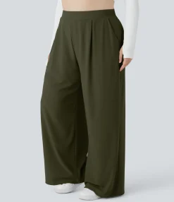 Plus Size<HALARA Flex™ High Waisted Body Sculpt Waist-Slimming Pocket Wide Leg Micro Waffle Plus Size Work Pants