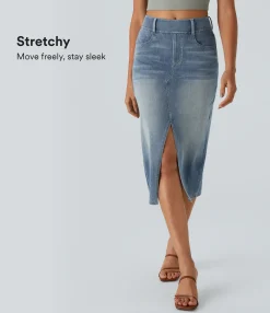 Denim Skirts|Maxi & Midi Skirts<HALARA Flex™ High Waisted Pockets Bodycon Washed Denim Casual Midi Skirt