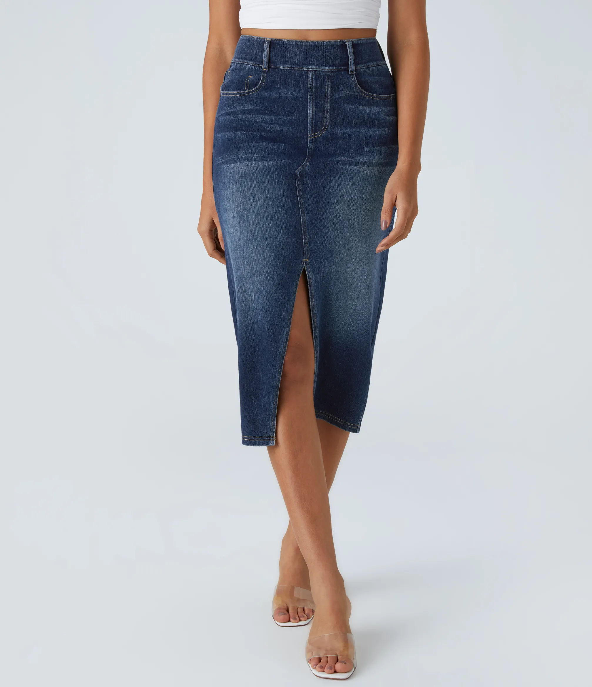 Denim Skirts|Maxi & Midi Skirts<HALARA Flex™ High Waisted Pockets Bodycon Washed Denim Casual Midi Skirt