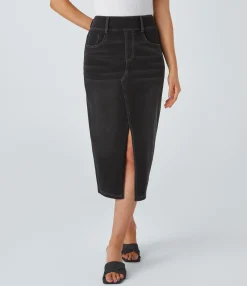 Denim Skirts|Maxi & Midi Skirts<HALARA Flex™ High Waisted Pockets Bodycon Washed Denim Casual Midi Skirt