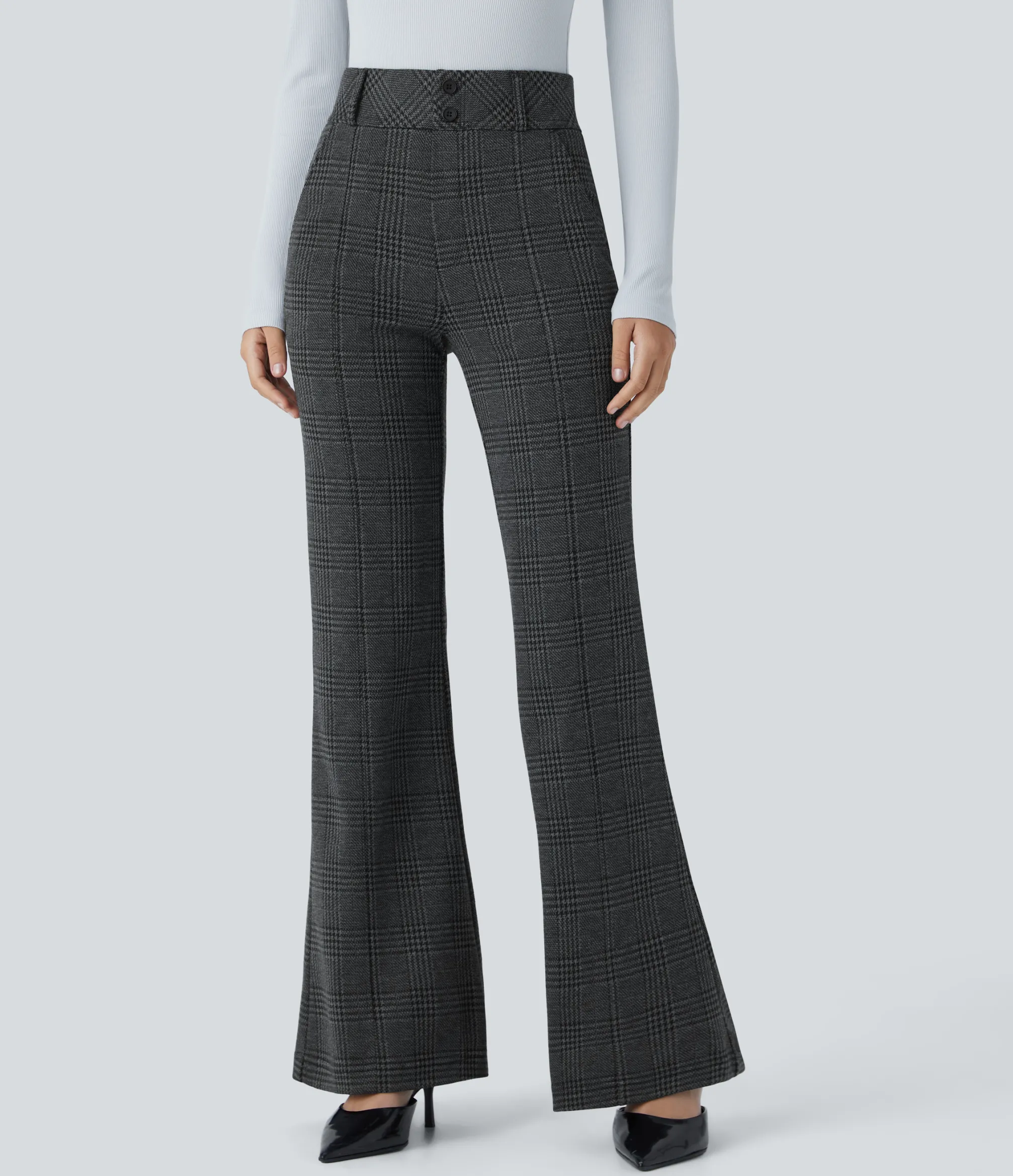 High-Waisted Pants|Skinny Pants<HALARA Flex™ High Waisted Decorative Pocket Houndstooth Plaid Work Flare Pants