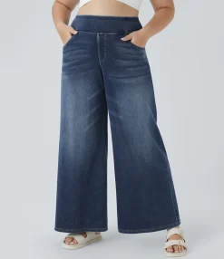 Plus-Size Denim|Plus Size<HALARA Flex™ High Waisted Pockets Baggy Wide Leg Washed Casual Plus Size Jeans