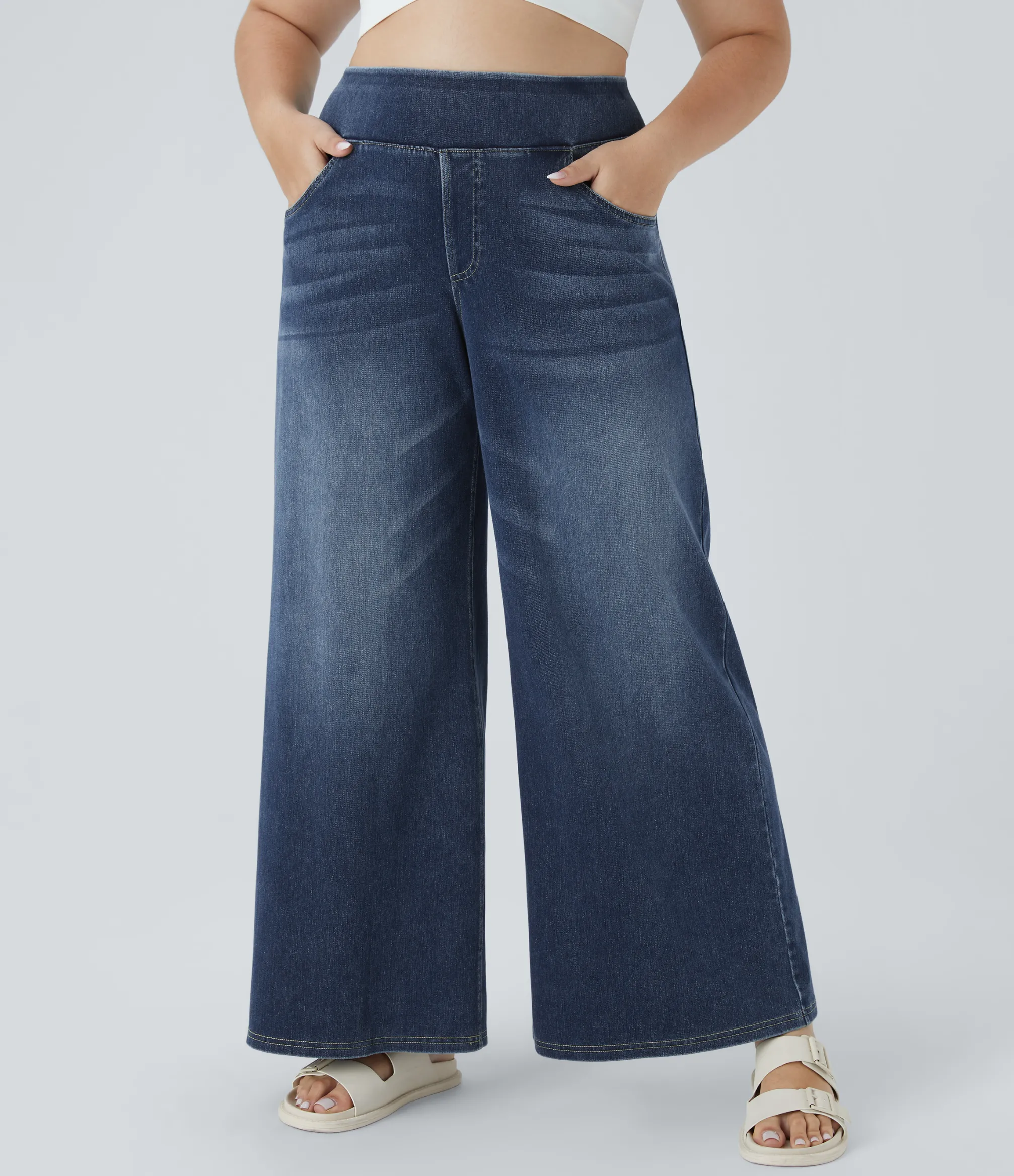 Plus-Size Denim|Plus Size<HALARA Flex™ High Waisted Pockets Baggy Wide Leg Washed Casual Plus Size Jeans