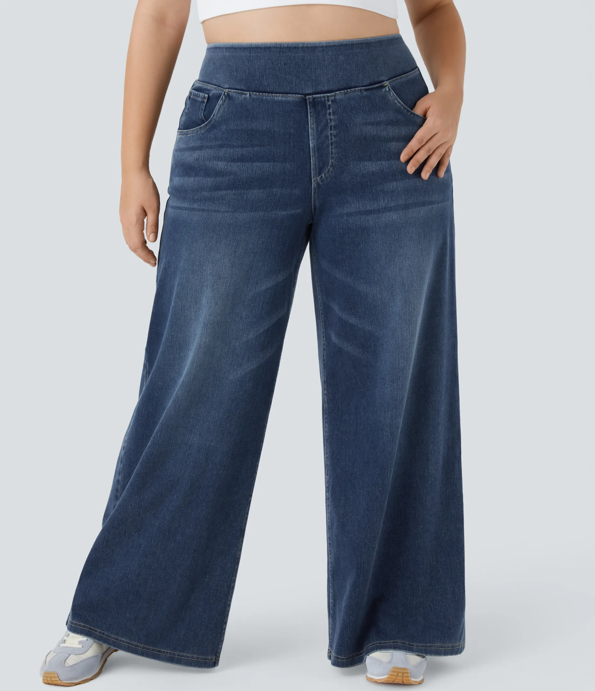 Plus-Size Denim|Plus Size<HALARA Flex™ High Waisted Pockets Baggy Wide Leg Washed Casual Plus Size Jeans