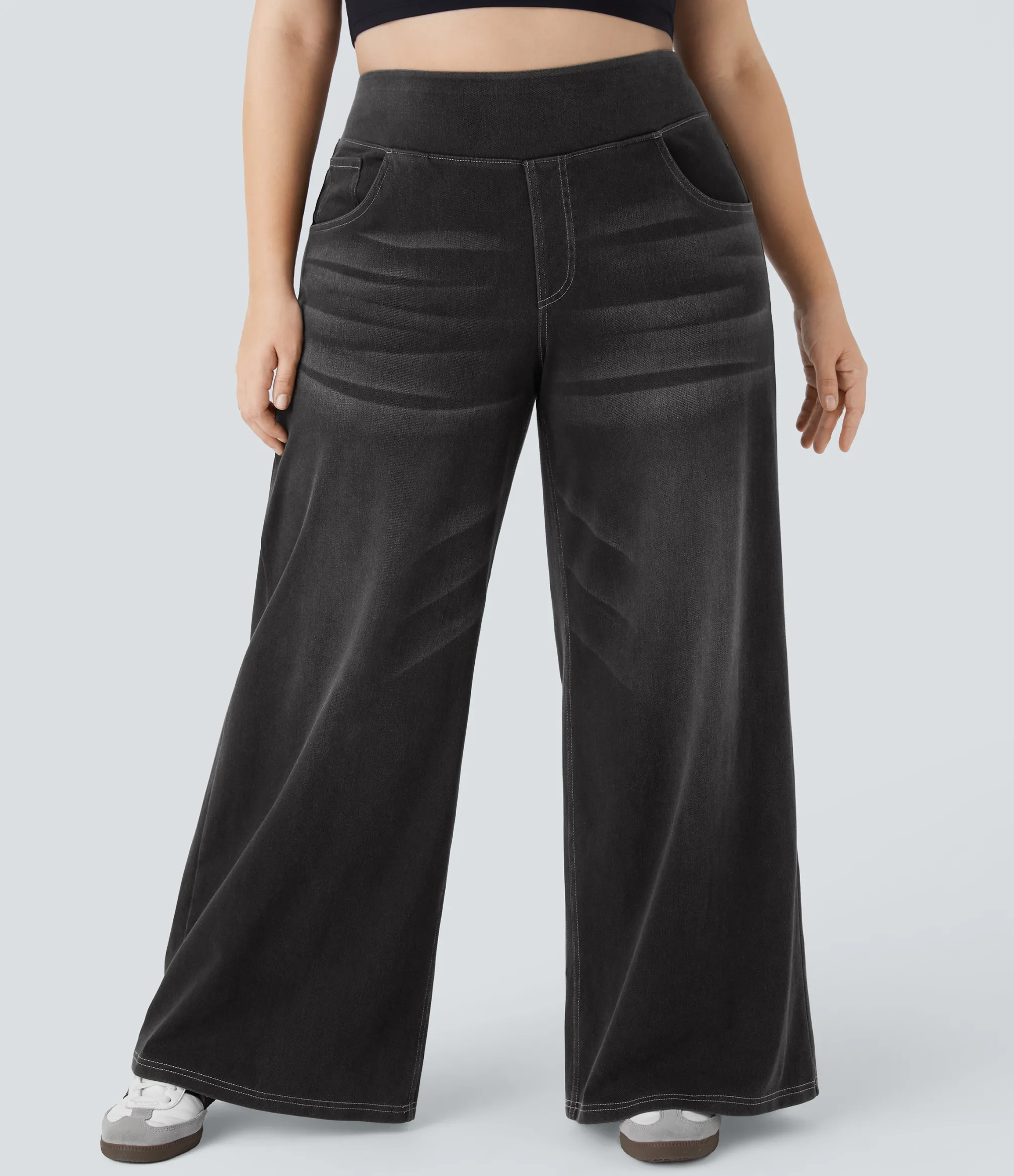 Plus-Size Denim|Plus Size<HALARA Flex™ High Waisted Pockets Baggy Wide Leg Washed Casual Plus Size Jeans