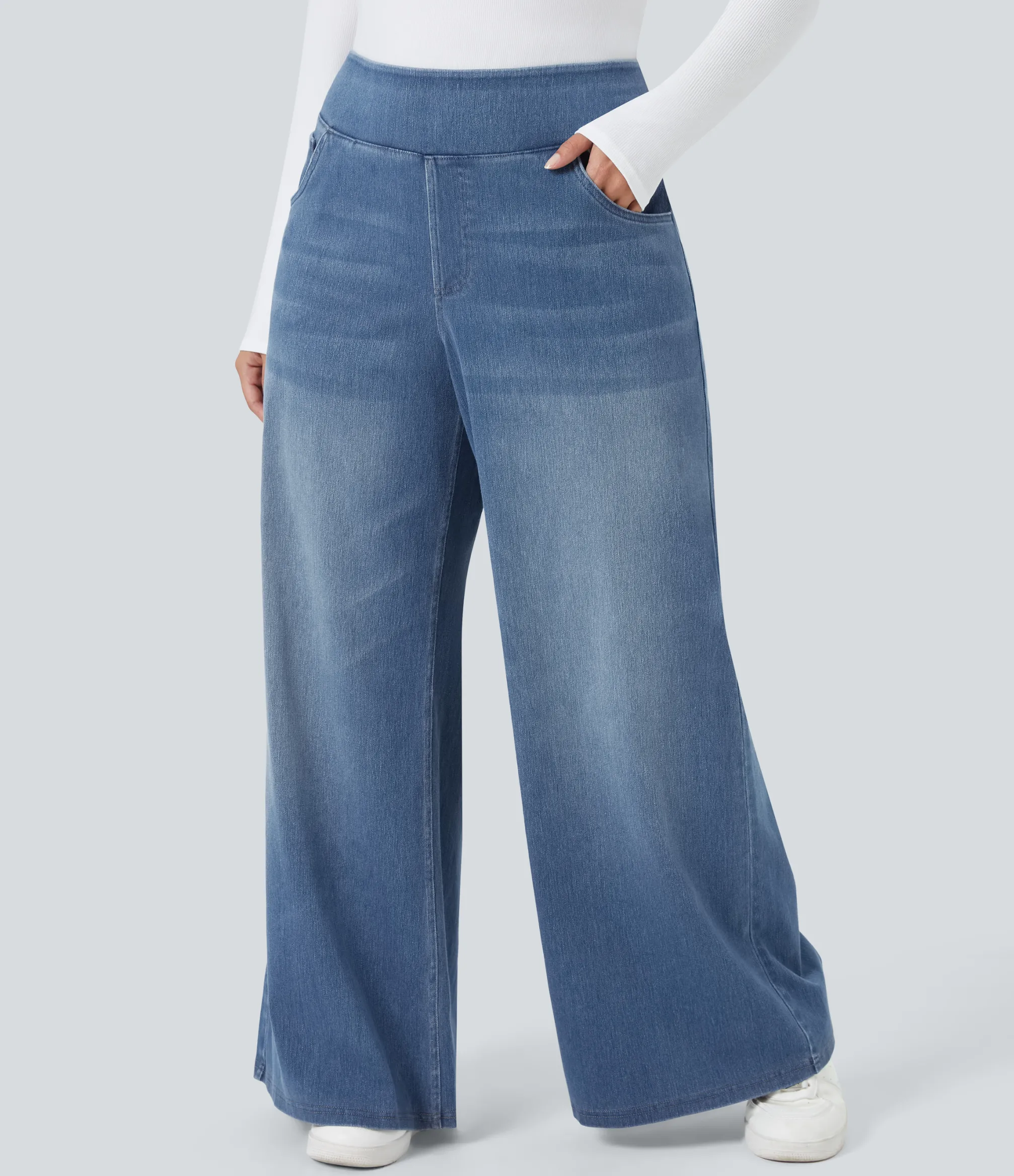 Plus-Size Denim|Plus Size<HALARA Flex™ High Waisted Pockets Baggy Wide Leg Washed Casual Plus Size Jeans