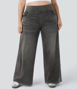Plus-Size Denim|Plus Size<HALARA Flex™ High Waisted Pockets Baggy Wide Leg Washed Casual Plus Size Jeans