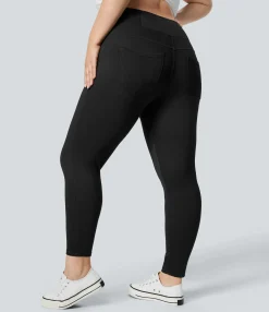 Pocket Leggings|Crossover Leggings<HALARA Flex™ High Waisted Crossover Pockets Denim 7/8 Plus Size Work Leggings