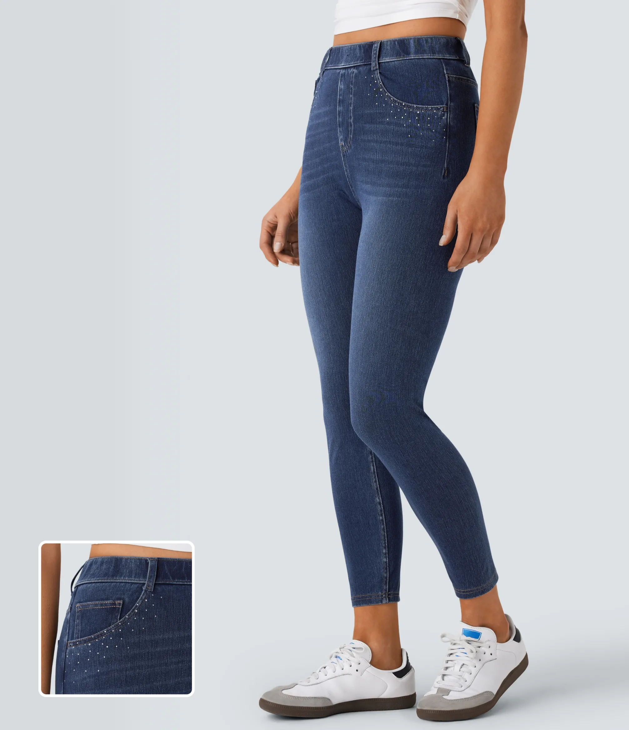 Pocket Leggings|Casual Wear Leggings<HALARA Flex™ High Waisted Pockets Rhinestone Denim 7/8 Casual Leggings