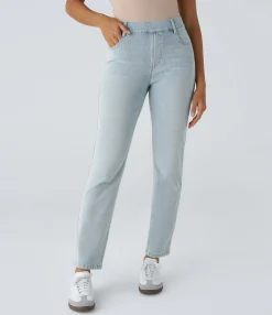 High Waisted Jeans|Straight-Leg Jeans<HALARA Flex™ High Waisted Multiple Pockets Straight Leg Washed Stretchy Knit Casual Jeans