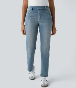 High Waisted Jeans|Straight-Leg Jeans<HALARA Flex™ High Waisted Multiple Pockets Straight Leg Washed Stretchy Knit Casual Jeans