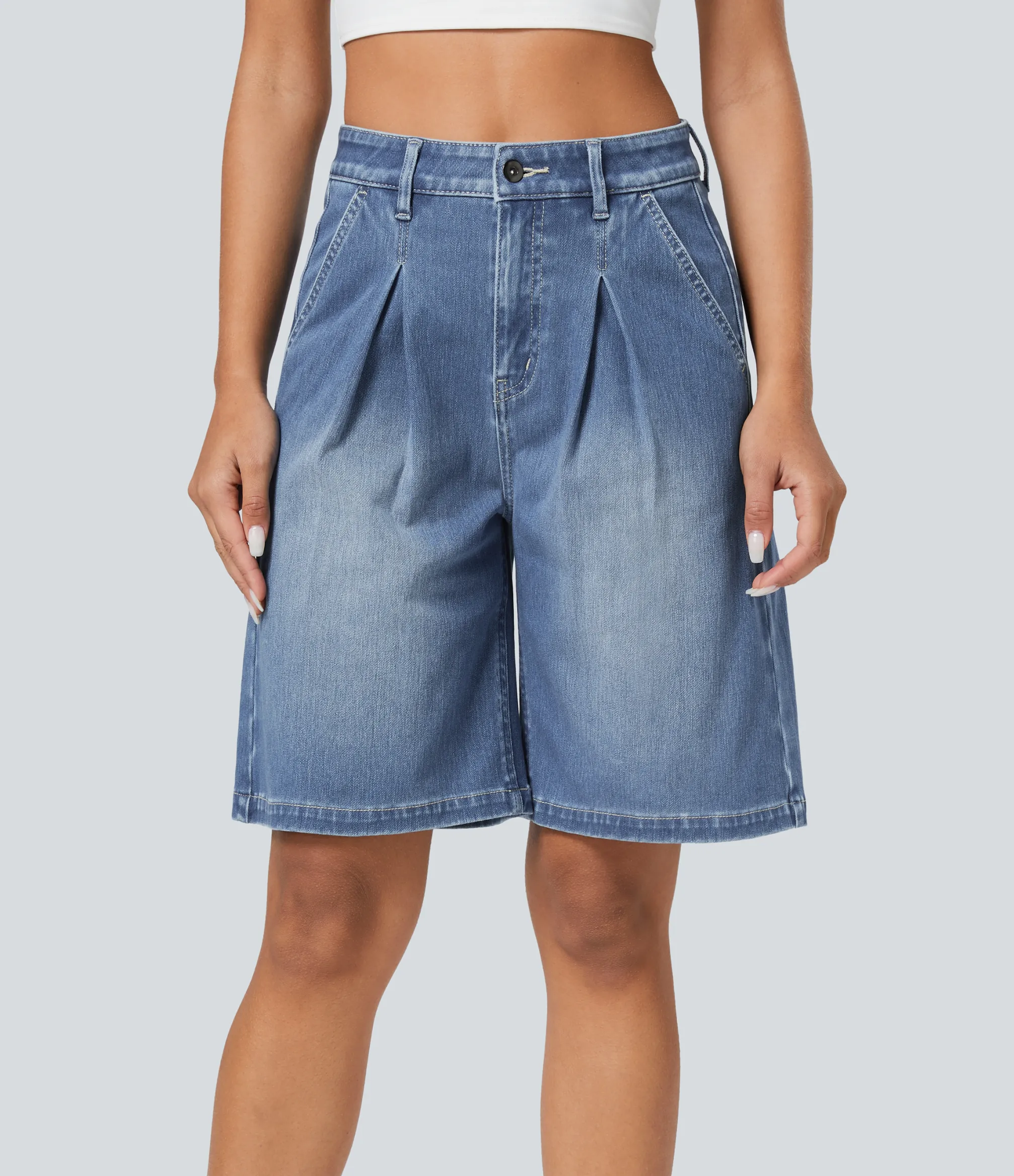 Denim Shorts|Denim Shorts<HALARA Flex™ High Waisted Zipper Pockets Washed Denim Casual Shorts