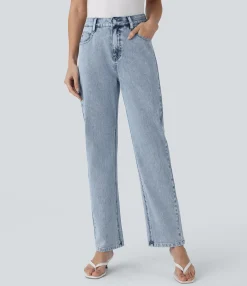 Straight-Leg Jeans|High-Waisted Pants<HALARA Flex™ High Waisted Zipper Pockets Straight Leg Casual Jeans