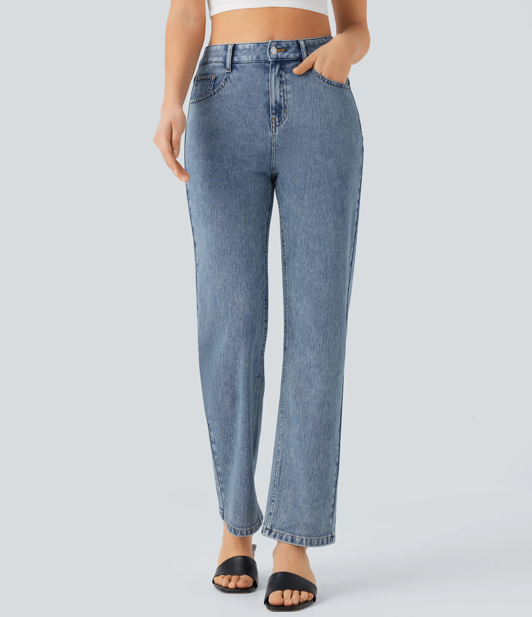 Straight-Leg Jeans|High-Waisted Pants<HALARA Flex™ High Waisted Zipper Pockets Straight Leg Casual Jeans