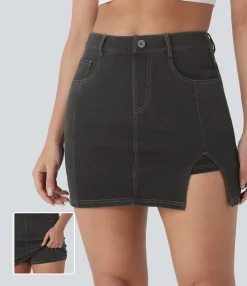 Denim Skirts|Mini Skirts<HALARA Flex™ High Waisted Pockets 2-in-1 Bodycon Mini Washed Denim Casual Skirt