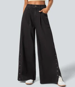 High Waisted Jeans|Wide Leg Jeans<HALARA Flex™ High Waisted Zipper Pockets Casual Wide Leg Full Length Jeans